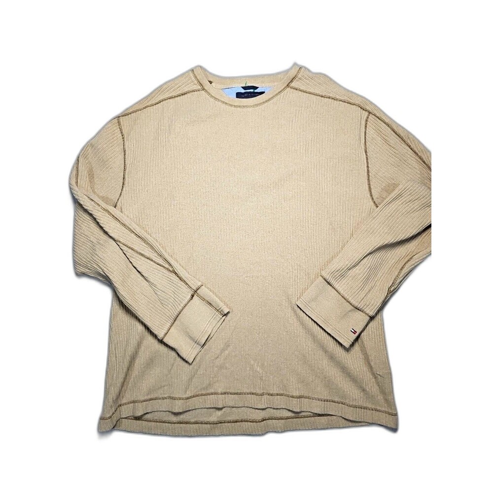 VTG Tommy Hilfiger Khaki Color Rib Knit Pullover Crewneck Sweater Cuff Logo XXL